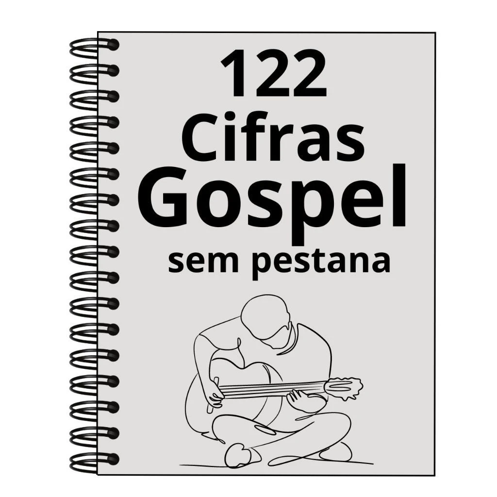 Cifras Gospel para Violão Iniciante: 122 Músicas Fáceis 1 Imagem digital de uma capa de caderno com texto e ilustração de uma pessoa tocando violão.