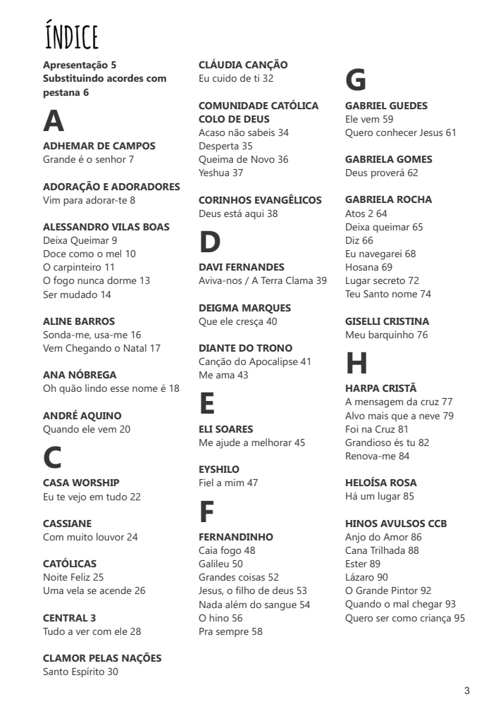 Cifras Gospel para Violão Iniciante: 122 Músicas Fáceis 2 Uma página de índice com títulos e números de página organizados alfabeticamente em várias colunas.
