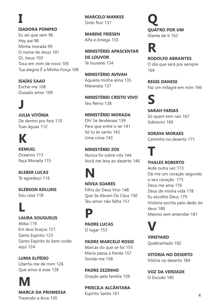 Cifras Gospel para Violão Iniciante: 122 Músicas Fáceis 3 Página digital exibindo lista de entradas textuais organizadas alfabeticamente, com números associados.