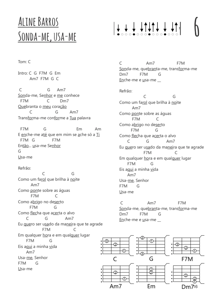 Cifras Gospel para Violão Iniciante: 122 Músicas Fáceis 5 Partitura digital branca com letras, acordes de violão e padrões de batida.