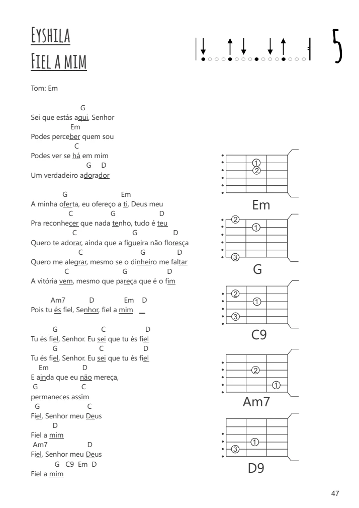 Cifras Gospel para Violão Iniciante: 122 Músicas Fáceis 6 Partitura com letras de música, acordes e diagramas de violão, incluindo padrão rítmico.