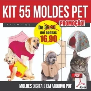 55 Moldes Pet Cachorro Gatos Roupão Capa Abrigo Capuz Cama 5 Imagem promocional de kit digital com moldes para vestuário e acessórios pet.