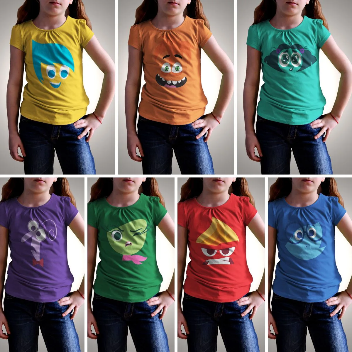 Sete imagens de uma menina vestindo camisetas coloridas com diferentes desenhos de rostos animados.