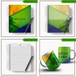 Quatro quadros mostrando cadernos, uma página pautada e canecas com design geométrico colorido.