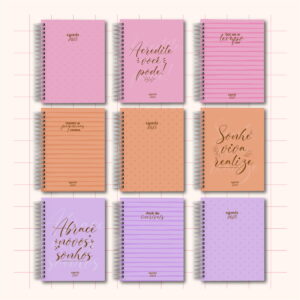 Coleção de nove capas de agendas espiraladas com variadas cores e frases motivacionais impressas.