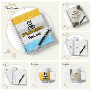 Agenda Barbeiro Masculina - Arquivo Digital 29 Apresentação de arte digital com cadernos e canecas personalizados para profissionais