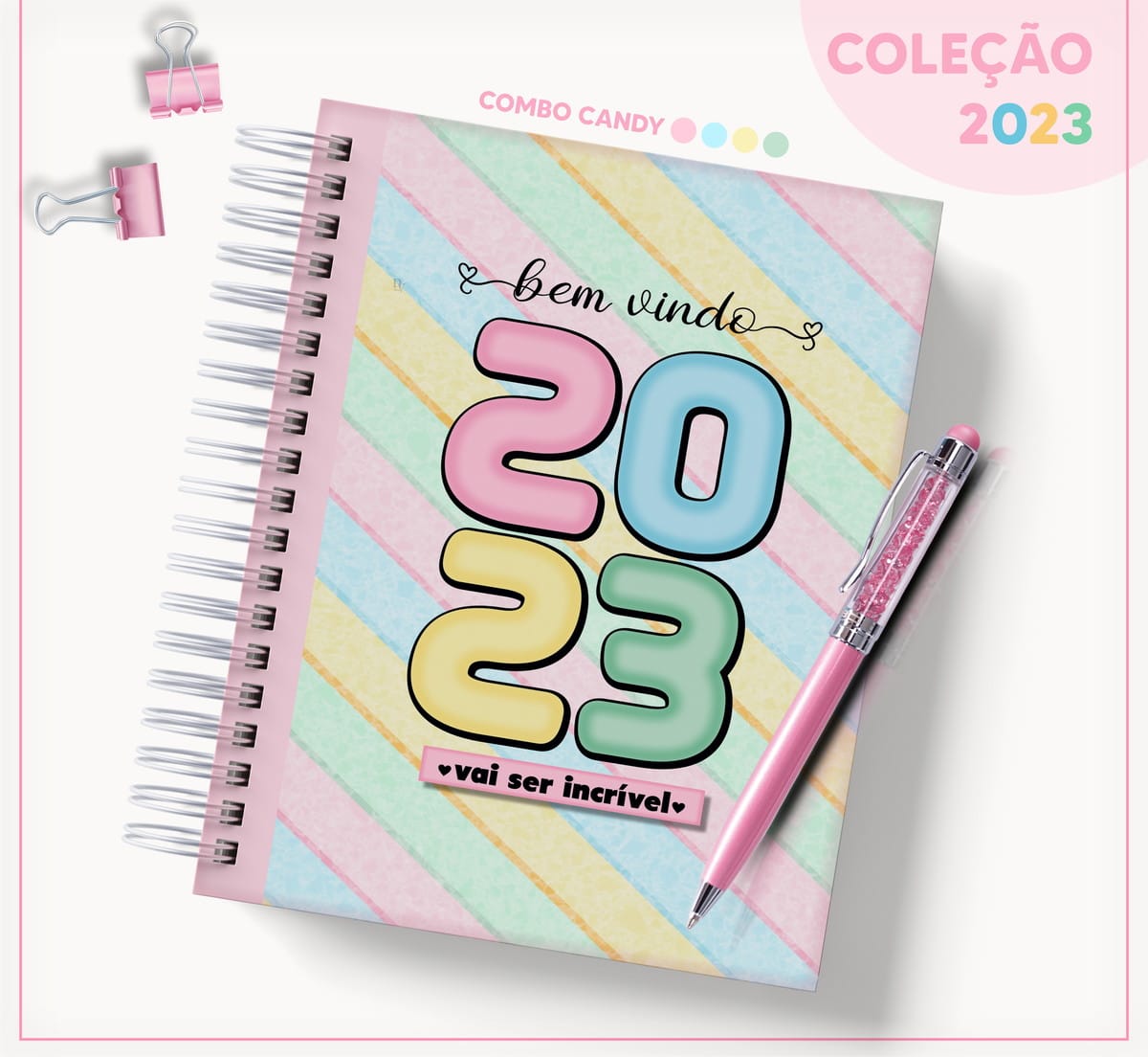 Agenda Datada 2023 Arquivo Digital Tema Candy com Miolo A5 2 Caderno espiral com capa listrada em tons pastéis e escrita 2023 ao centro