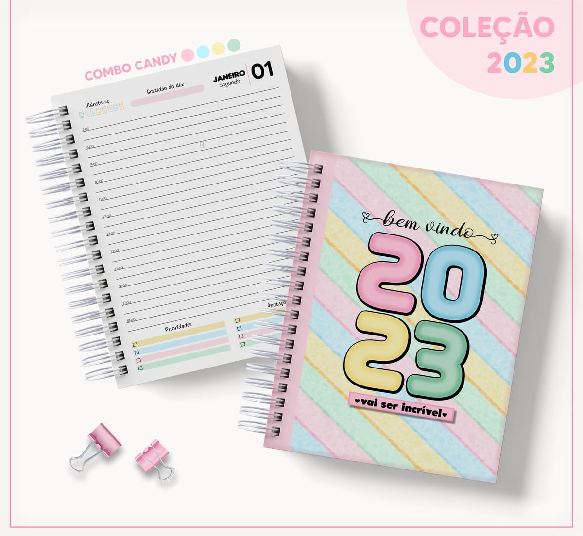 Agenda Datada 2023 Arquivo Digital Tema Candy com Miolo A5 1 Agenda espiral aberta com página de planejamento diário e capa colorida 2023.
