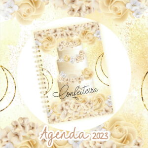 Capa digital para agenda com bolo floral, rosas cremes e a palavra 'Confeiteira'.