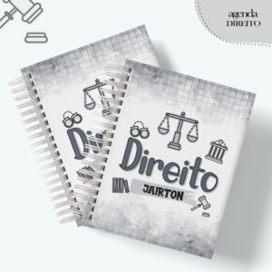 Dois cadernos espirais com estampa temática de direito em tons de cinza.