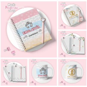 Cadernos e canecas personalizados com temas de engenharia civil em fundo rosa