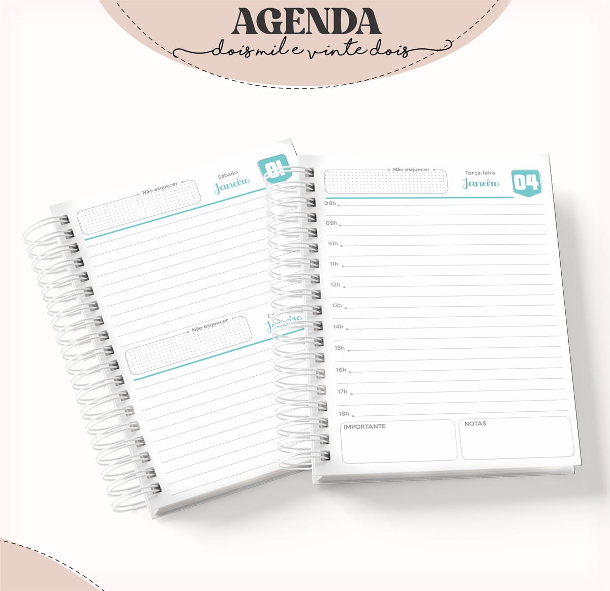 Agenda Digital Feminina Verde e Lilás para Imprimir 2 Duas agendas abertas com páginas pautadas e espiral, exibindo layout de planejamento diário.