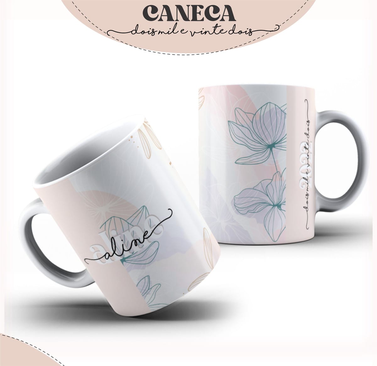 Agenda Digital Feminina Verde e Lilás para Imprimir 3 Duas canecas brancas com design floral abstrato em tons pastel e texto "CANECA".