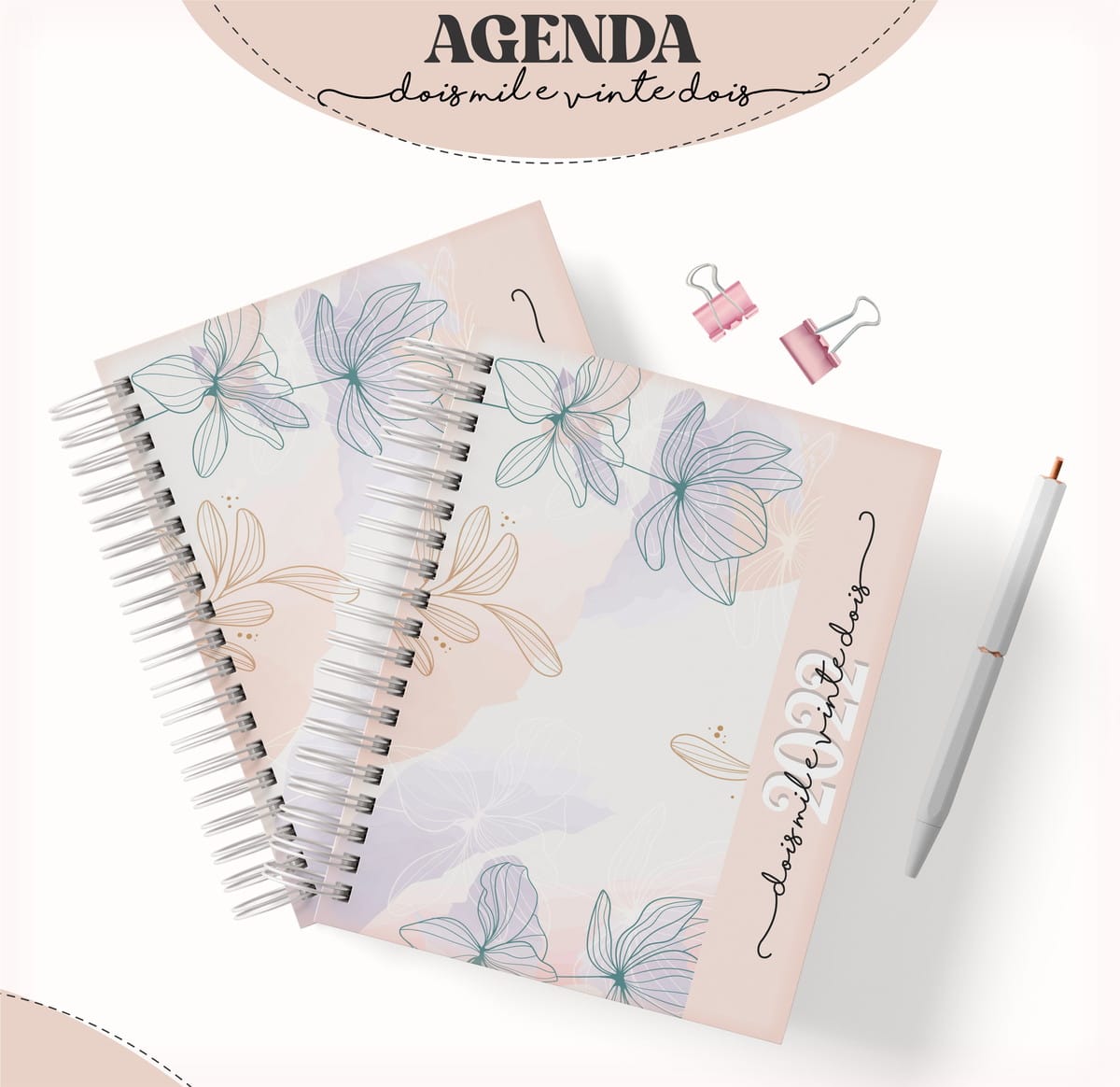 Agenda Digital Feminina Verde e Lilás para Imprimir 1 Duas agendas decoradas com flores, caneta branca e clipes rosa sobre fundo claro.