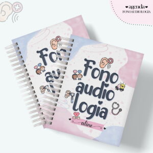 Duas agendas em espiral com temática em fonoaudiologia e tons pastéis.