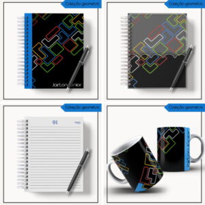 Conjunto de quatro imagens com cadernos, páginas pautadas e canecas estampadas geometricamente.