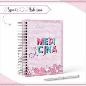 Agenda espiral rosa com tema de medicina, texto "MEDICINA" e caneta, em moldura.