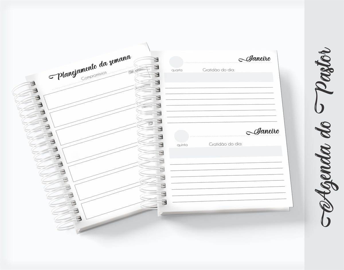 Agenda Digital Pastor com Arte para Caneca e Sublimação 2 Duas páginas abertas de um planner digital branco com espiral.