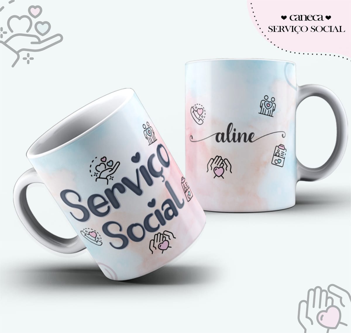 Agenda Digital Serviço Social para Editar e Imprimir 3 Arte digital para caneca com fundo aquarelado, ícones e texto "Serviço Social".