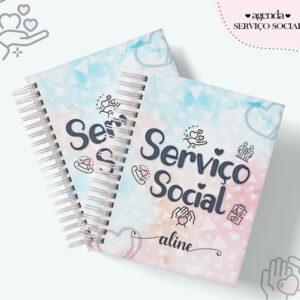 Design digital de agenda para Serviço Social com ícones temáticos.