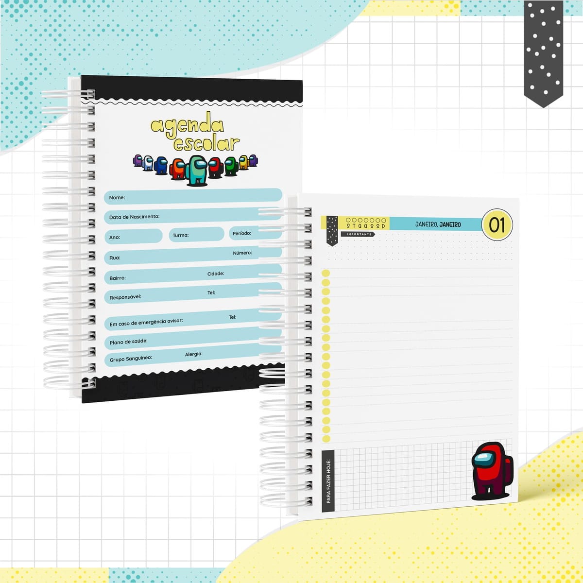 Agenda Escolar Among Us PDF para Imprimir e Encadernar 2 Duas páginas de agenda escolar com ilustrações de personagens coloridos com trajes espaciais.