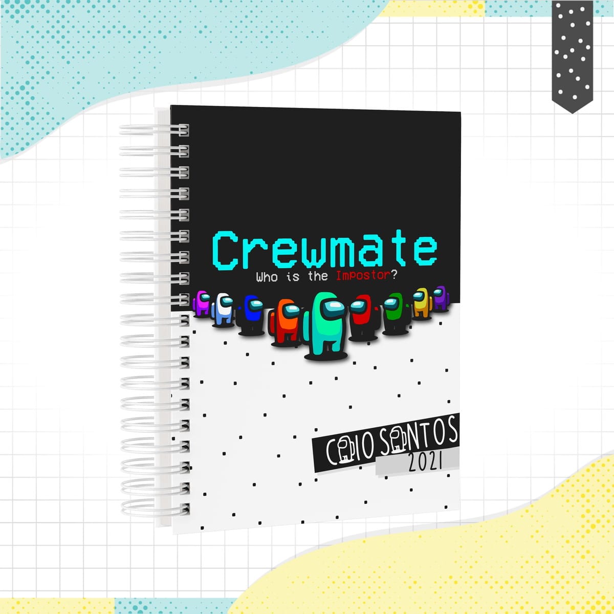 Agenda Escolar Among Us PDF para Imprimir e Encadernar 1 Caderno espiral com ilustrações de personagens coloridos e texto temático sobre fundo dividido.