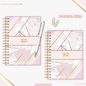 Duas agendas digitais 2026 com design geométrico rosa, mármore e dourado, caneta e clipes.