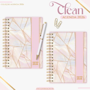 Duas agendas digitais 2026 com design geométrico rosa e dourado, caneta branca.
