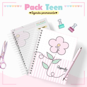 Agendas espirais com estampa de flor, caneta, tesoura e clipes coloridos sobre fundo branco.