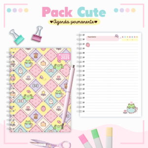 Agenda colorida com estampas fofas, caneta e página pautada decorada com desenhos delicados.