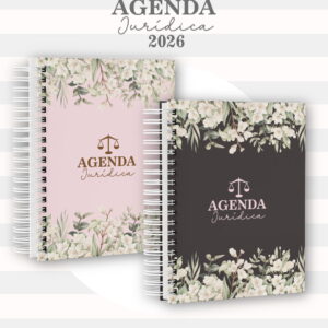 Duas agendas em espiral com decorações florais e símbolos da justiça nas capas.