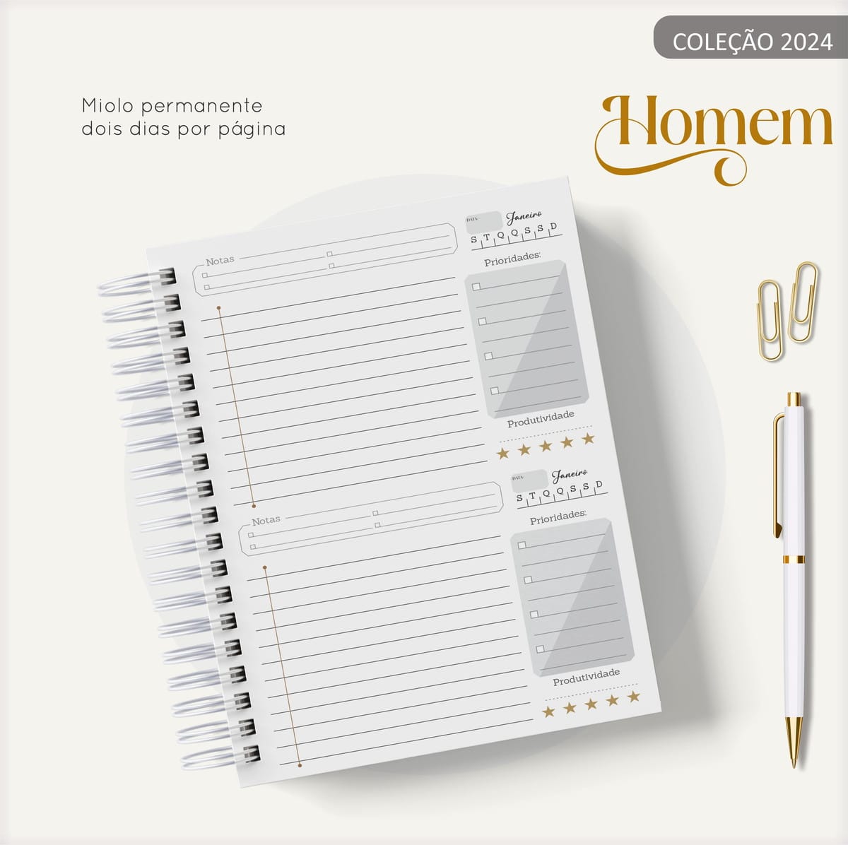 Agenda Masculina Marmorizada Cinza em Arquivo Digital 3 Agenda espiral aberta exibindo miolo com campos de planejamento e caneta ao lado.