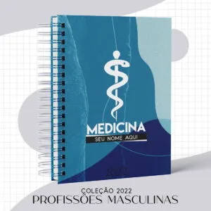 Caderno espiral azul com símbolo médico e texto personalizável sobre fundo quadriculado.