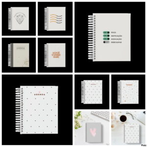 Várias capas de cadernos e agendas com desenhos minimalistas e frases motivacionais impressas