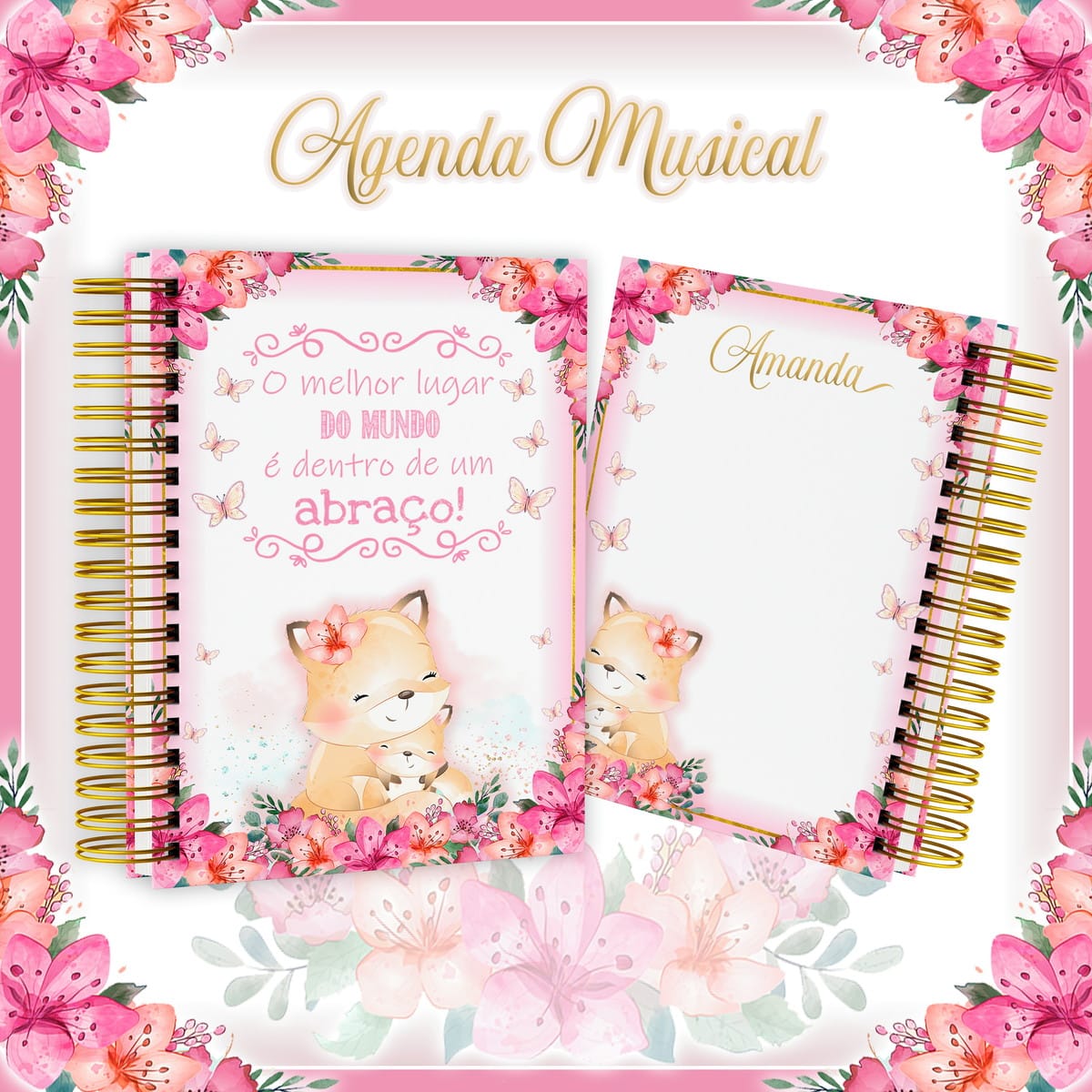 Agenda O Melhor Lugar do Mundo Arquivo Digital em PDF 1 Agenda com espiral dourada, estampa de raposas e flores cor-de-rosa em fundo branco
