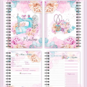 Páginas de agenda digital com tema de costura, ilustrações florais e ferramentas.
