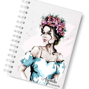 Capa de caderno espiral com ilustração artística de mulher usando coroa de flores.