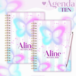Duas agendas digitais com borboletas, estrelas, listras e uma caneta rosa.