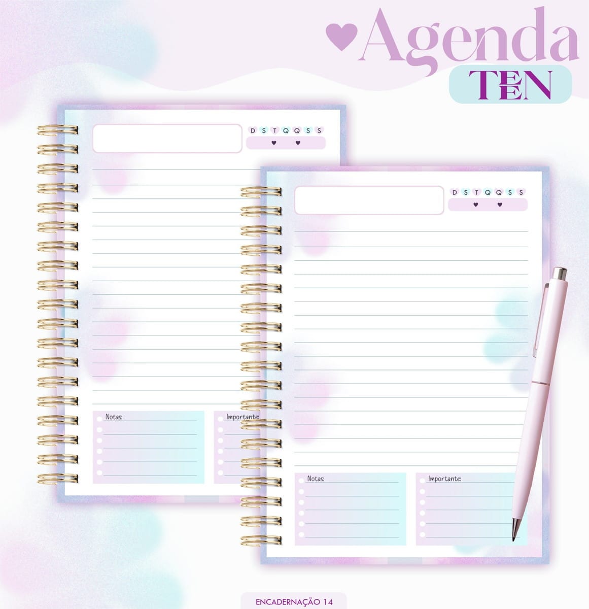 Agenda Teen 2026 Digital com Nome Aline para Imprimir 2 Duas agendas digitais abertas com páginas pautadas, espiral dourada e caneta rosa.