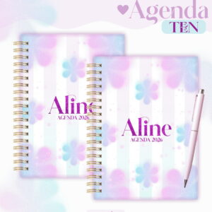 Duas agendas digitais com capa em tons pastel, padrão floral e encadernação em espiral.