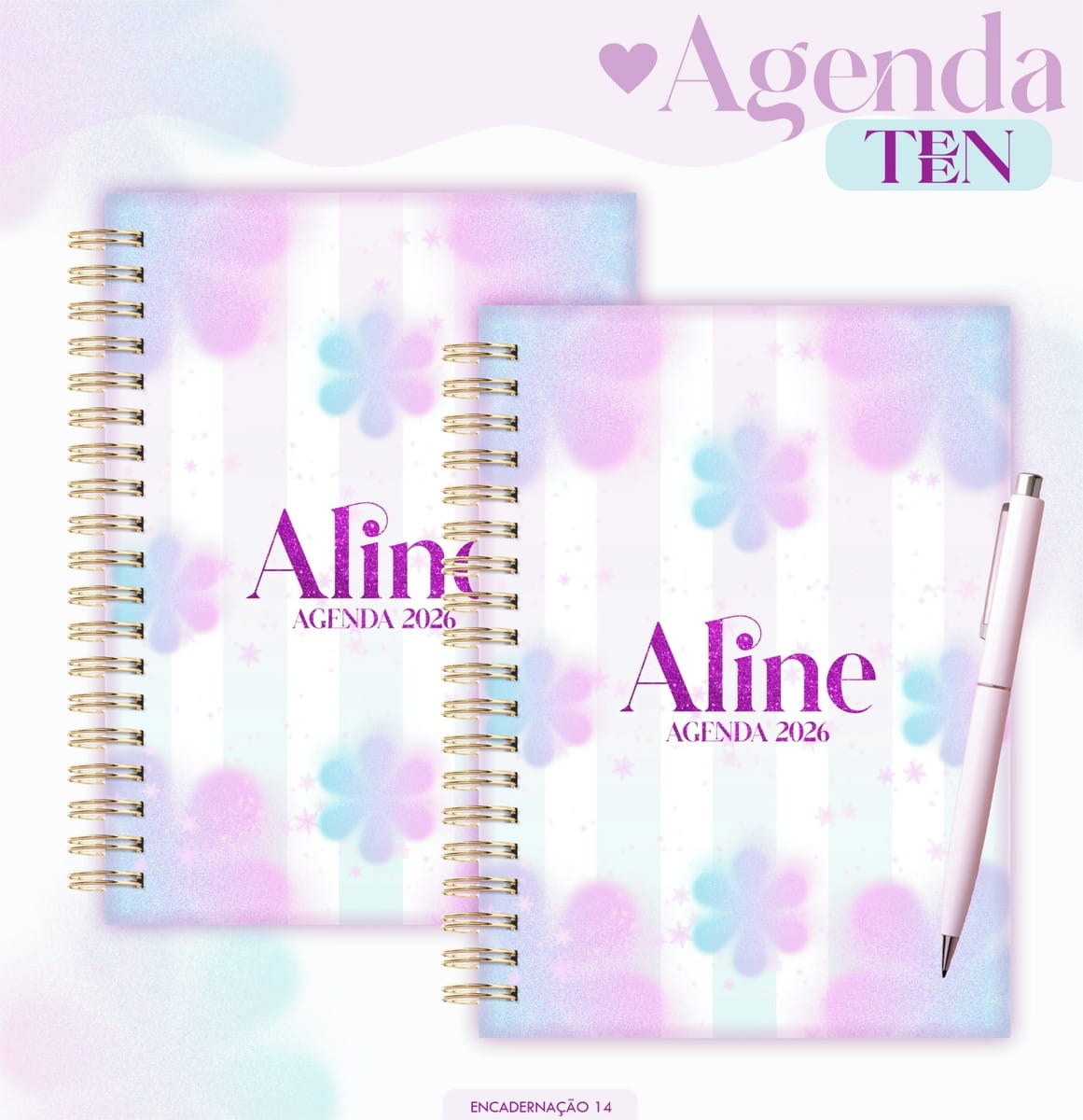 Agenda Teen 2026 Digital com Nome Aline para Imprimir 1 Duas agendas digitais com capa em tons pastel, padrão floral e encadernação em espiral.