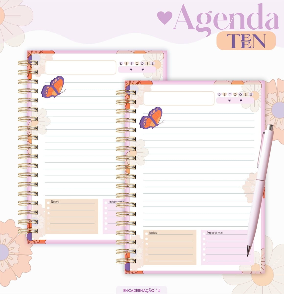 Agenda Teen Borboleta 2026 Kit Digital em Laranja e Rosa 2 Duas agendas digitais abertas com design floral e borboletas, e uma caneta digital.
