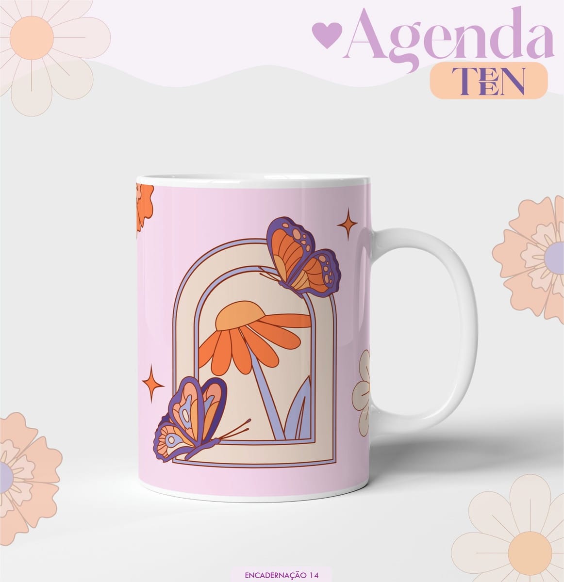 Agenda Teen Borboleta 2026 Kit Digital em Laranja e Rosa 3 Arte digital com borboletas laranja e roxas, flor laranja em arco rosa.