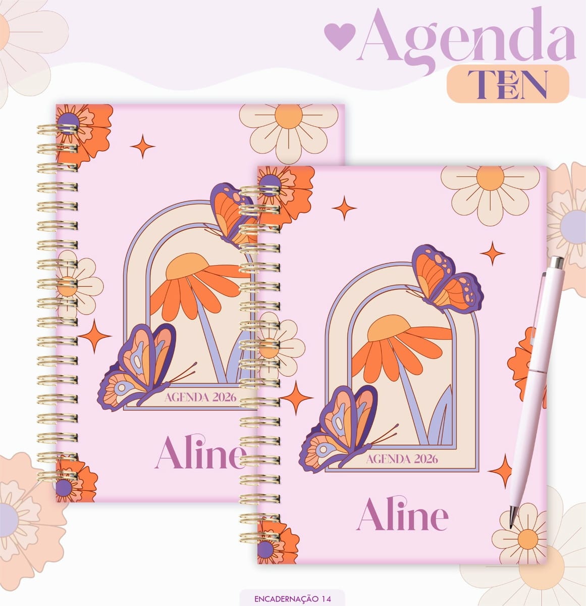 Agenda Teen Borboleta 2026 Kit Digital em Laranja e Rosa 1 Duas agendas digitais com design floral retrô, borboletas e espiral dourada.