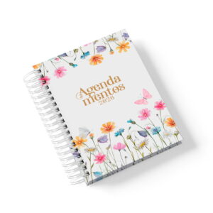 Agenda espiralada com capa floral e borboletas, texto 'Agenda mentos 2026'.