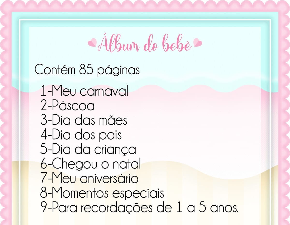 Álbum do Bebê Menina Digital para Imprimir e Editar 2 Arte digital de álbum de bebê com 85 páginas e lista de temas.