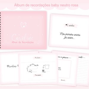 Arte digital de álbum de recordações baby rosa com páginas abertas.