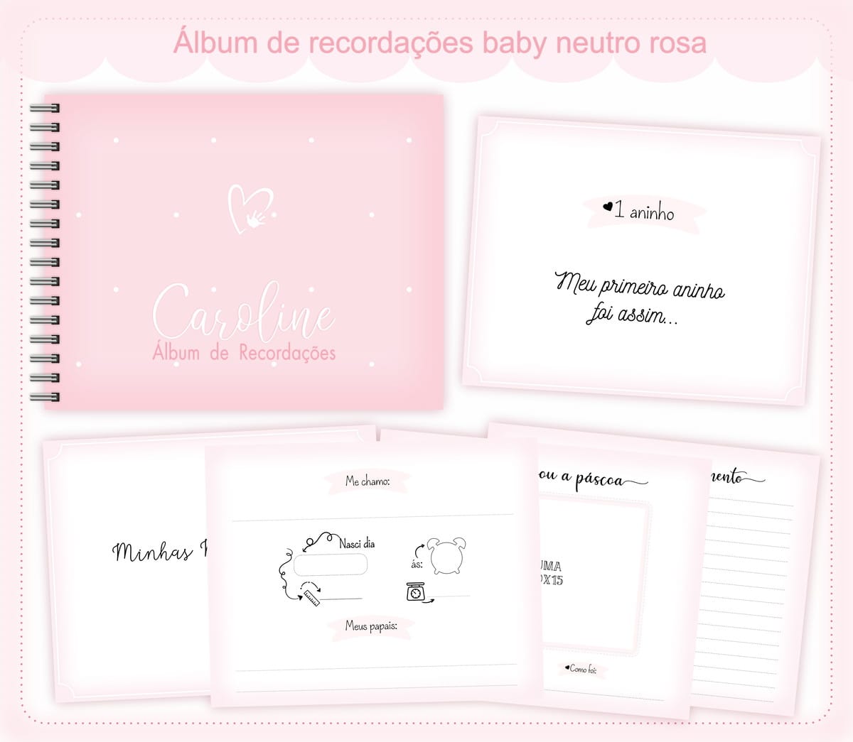 Álbum do Bebê Menina Digital para Imprimir e Editar 1 Arte digital de álbum de recordações baby rosa com páginas abertas.