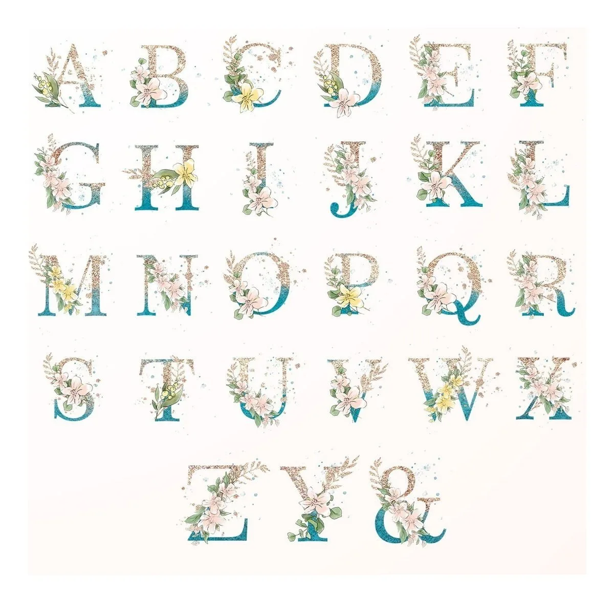 Alfabeto Floral Glitter Letras Png Dourado E Azul Lettering