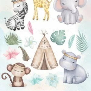 Animais da Floresta Encantada Boho Arquivos Png Maternidade 9 Ilustrações infantis de animais selvagens, uma tenda, flores e folhas em estilo aquarela.